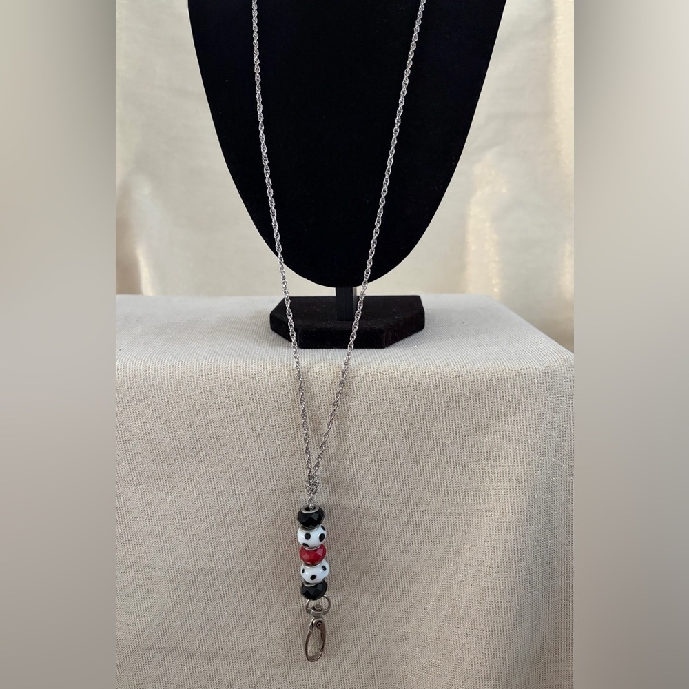 Silver-Tone Bead Pendant Necklace with Black, White and Red Accents